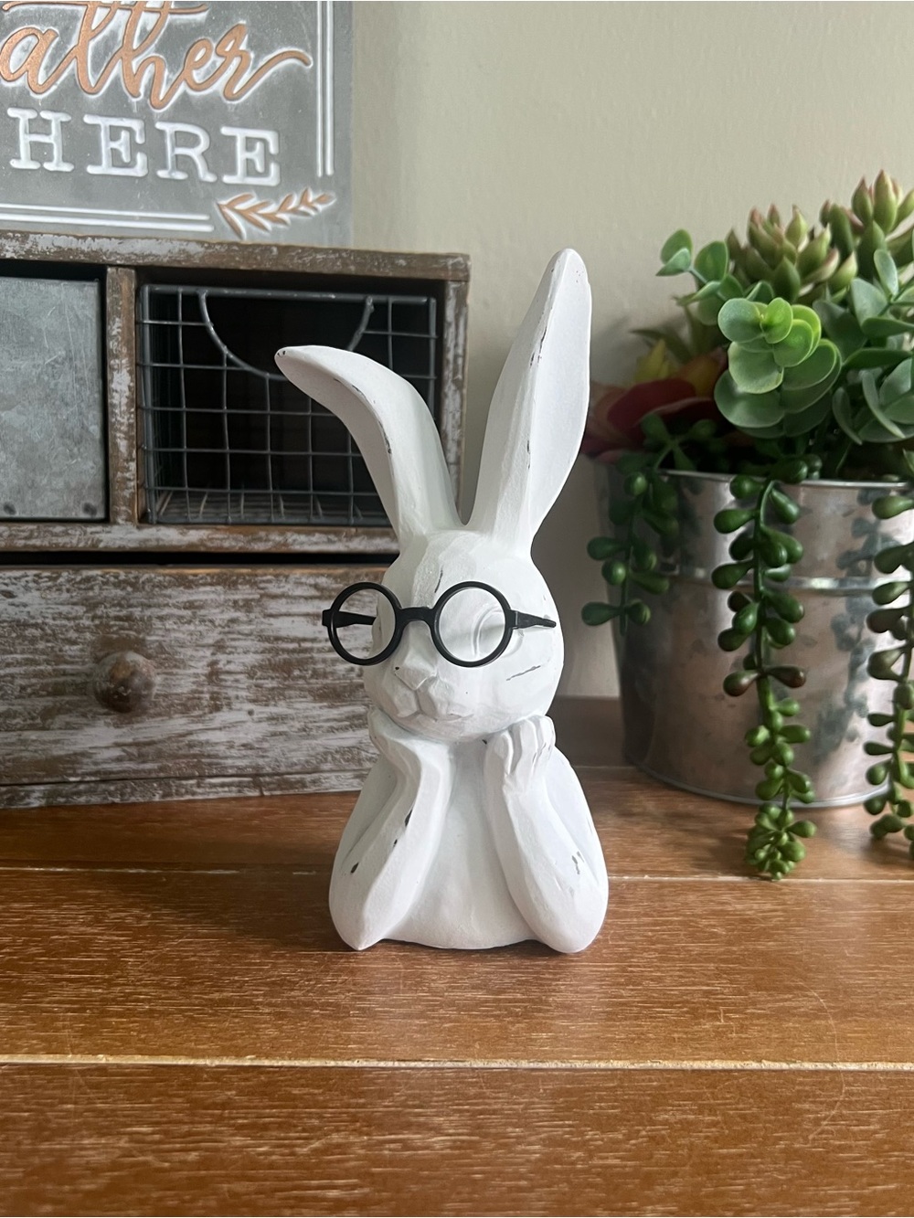 Farmhouse Smaller Easter Bunny Rabbit Head Glasses (Distressed) Statue Tabletop